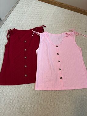 Button-Front Tie Shoulder Tank Top - Pink & Burgundy